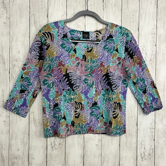 Magic Crush Magic Scarf Stretchy Crinkle 3/4 Sleeve Floral Artsy Blouse Y2K 90s - Picture 1 of 7